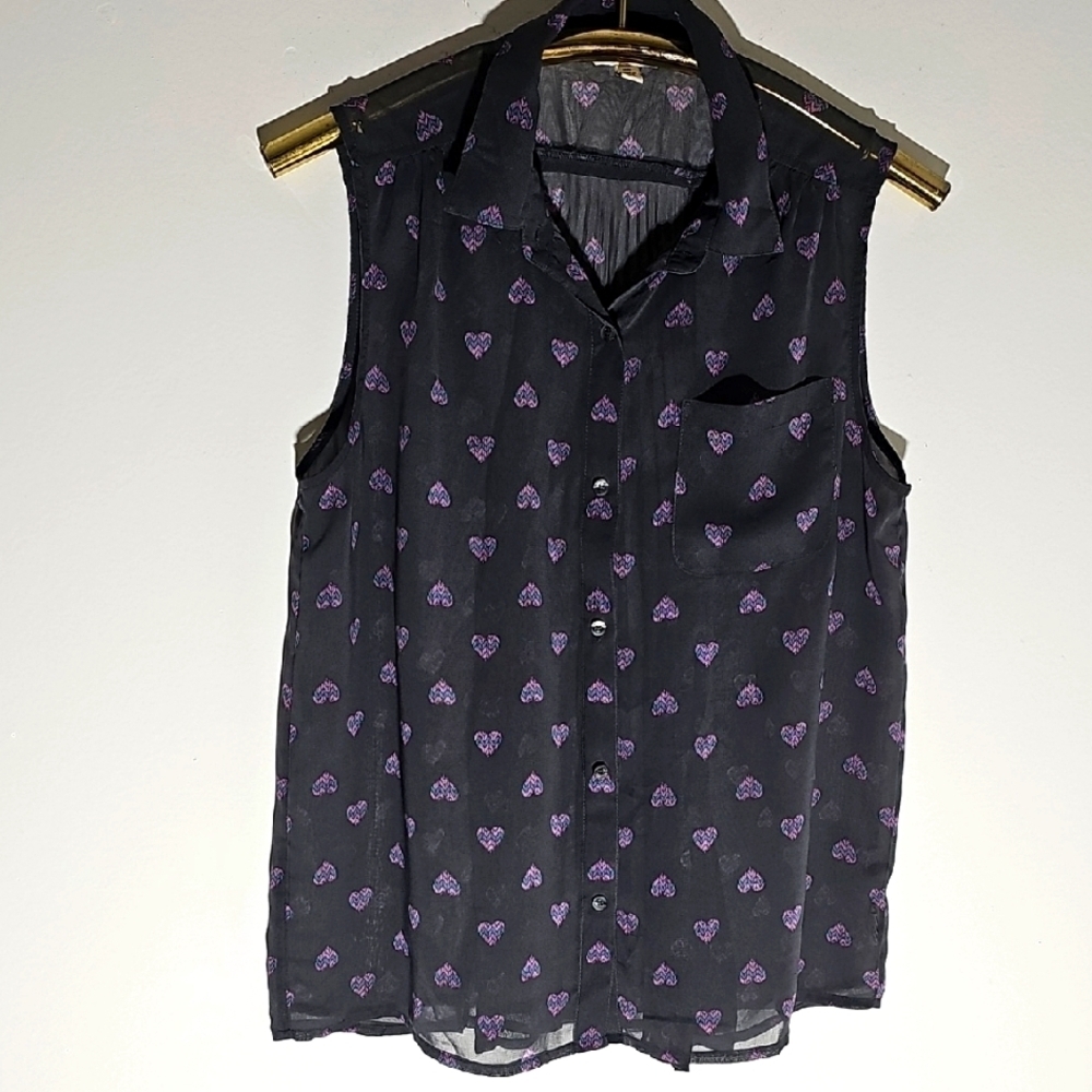 American Eagle Outfitters Women Gray Semi Sheer Heart Patterned Sleeveless Top M
